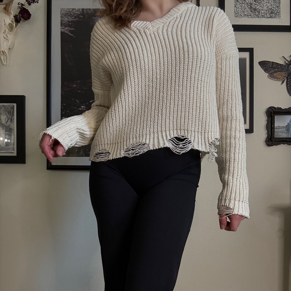 Planet Gold Cream and White Distressed Grunge Punk Sweater (Size small)